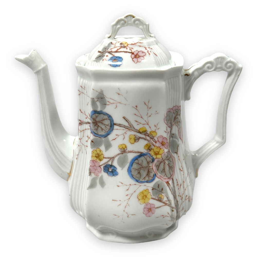 Vintage L Straus & Sons Teapot Porcelain Coffee Pot LS&S Floral Pink Yellow Blue